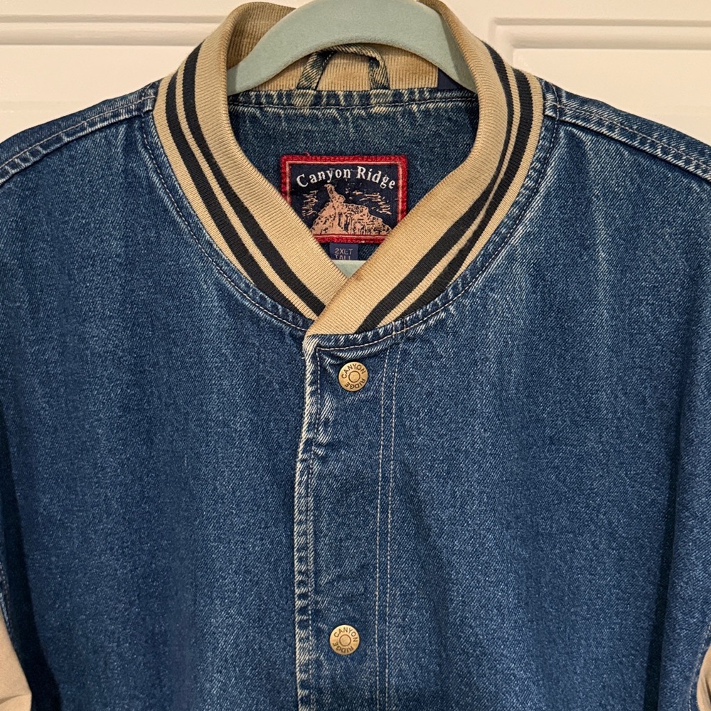 Vintage Canyon Ridge Denim and Khaki Two-Tone Varsity Bomber Jacket 2XL Tall - Picture 3 of 12